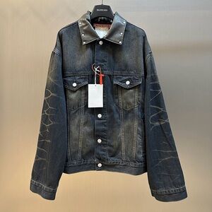 Acne Studios Distressed Denim Jacket With Leather Collar